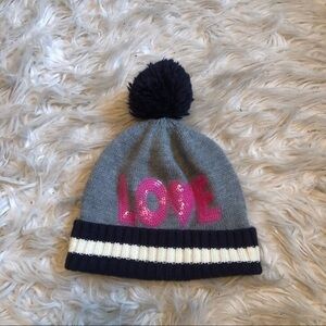 Gap kids gray with pink “Love” hat with Pom Pom on top sz s/m